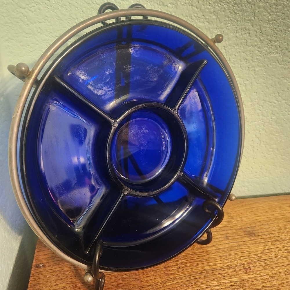 Vtg Cobalt Blue France Glass Divided Relish Tray 9.75" Godinger Silver Stand